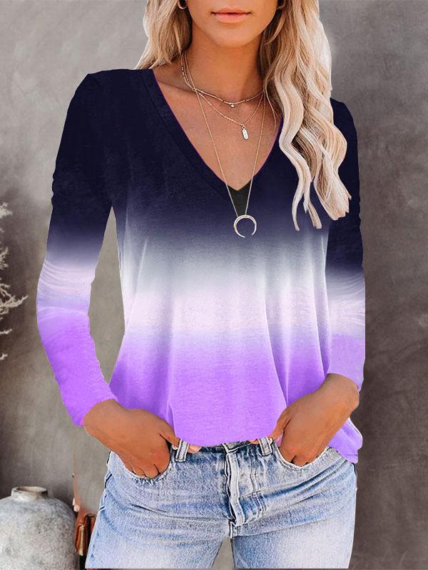 V-neck Long-sleeved Gradient T-shirt - LuckyFash™