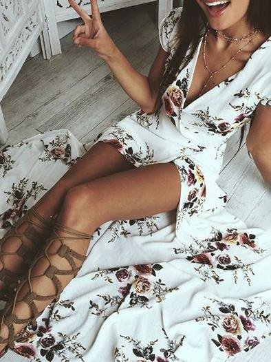 V-neck Print Split Beach Long Dresses - LuckyFash™