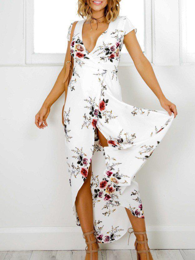 V-neck Print Split Beach Long Dresses - LuckyFash™