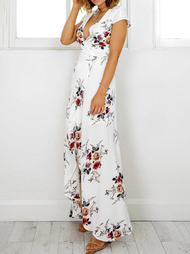 V-neck Print Split Beach Long Dresses - LuckyFash™