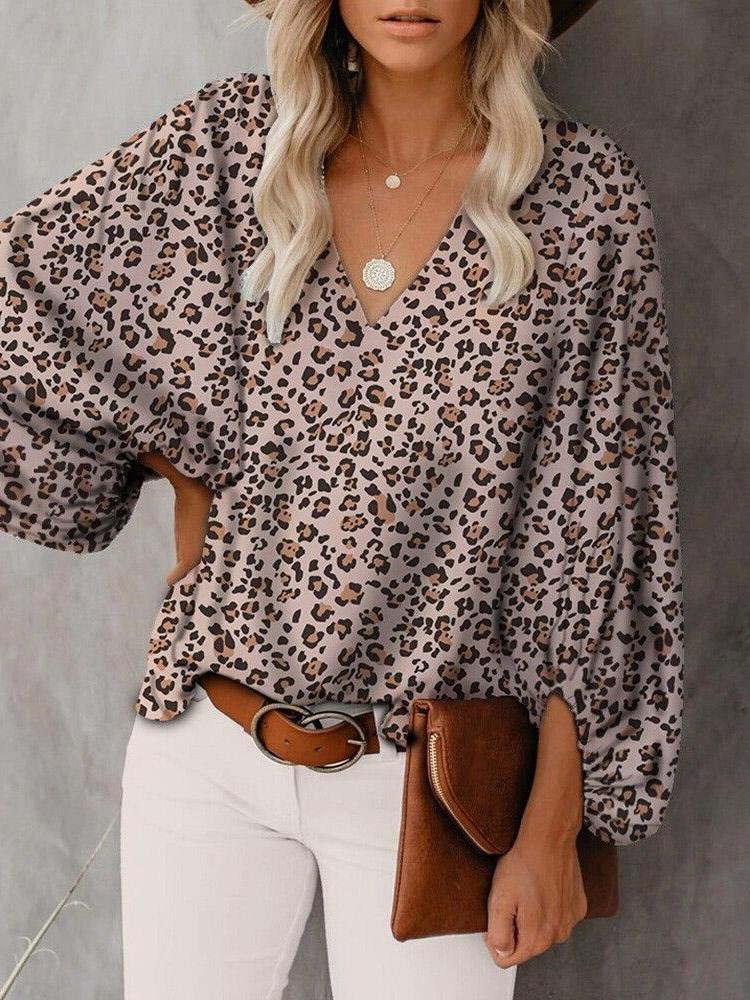 V-Neck Printed Lantern Sleeves Blouses - LuckyFash™