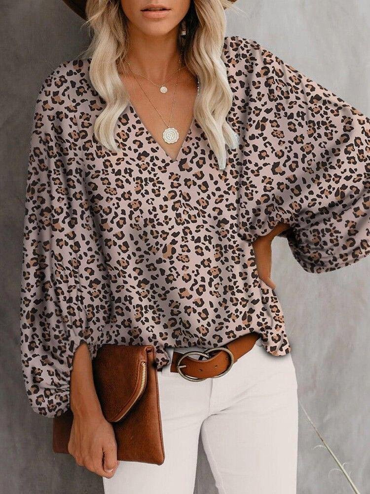 V-Neck Printed Lantern Sleeves Blouses - LuckyFash™
