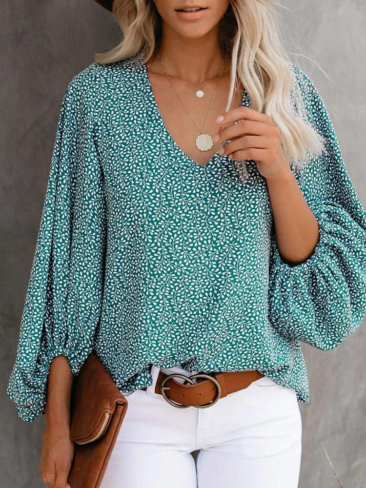 V-Neck Printed Lantern Sleeves Blouses - LuckyFash™