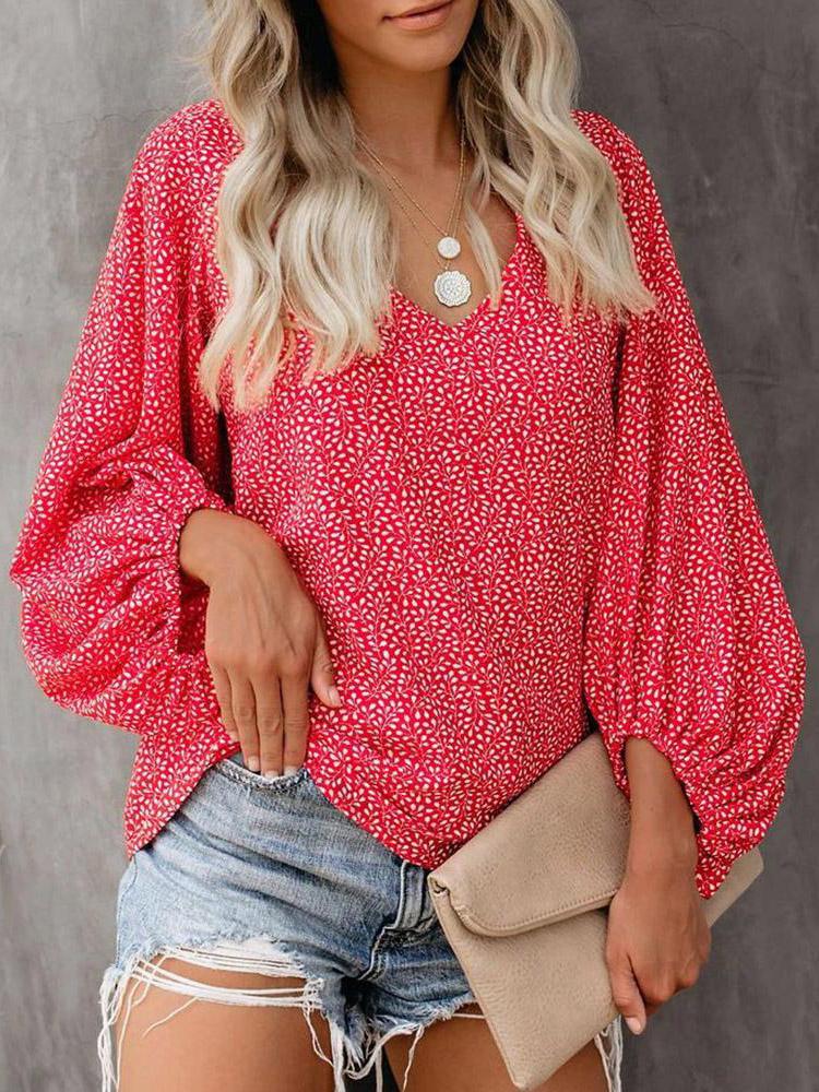 V-Neck Printed Lantern Sleeves Blouses - LuckyFash™