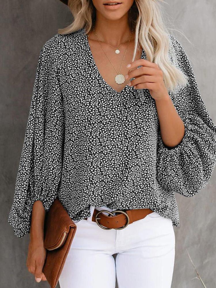 V-Neck Printed Lantern Sleeves Blouses - LuckyFash™