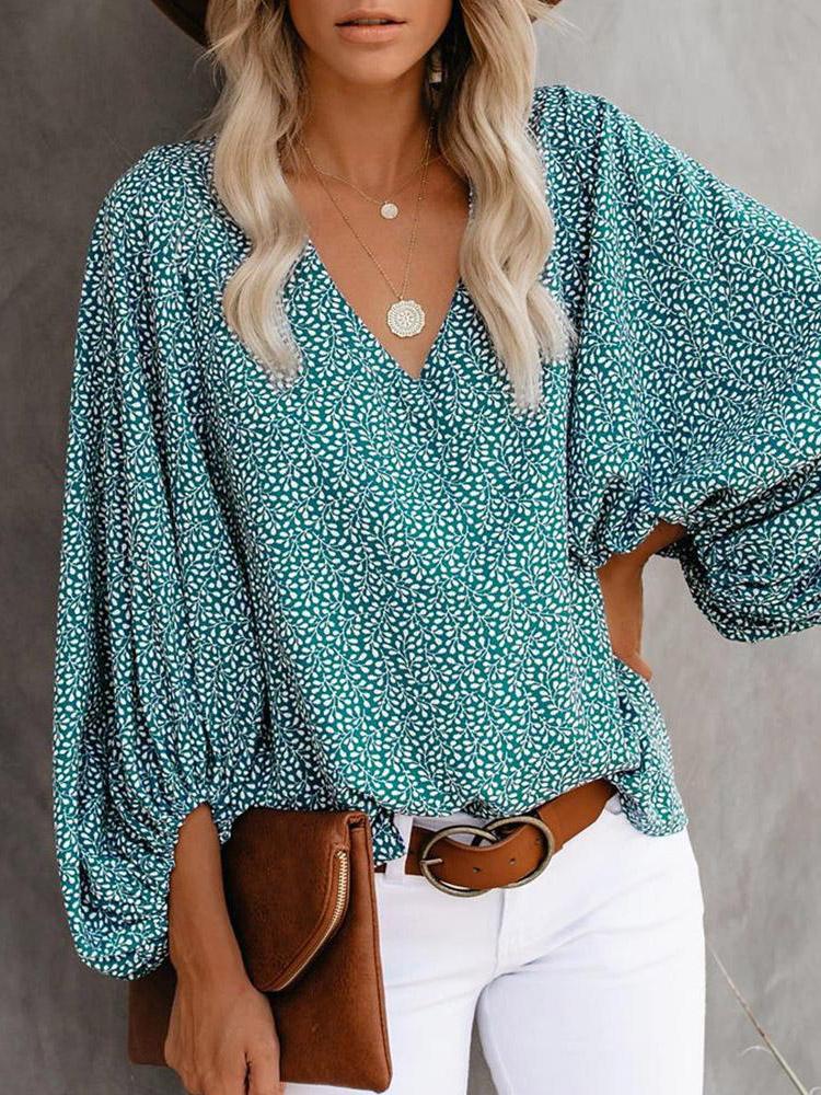 V-Neck Printed Lantern Sleeves Blouses - LuckyFash™