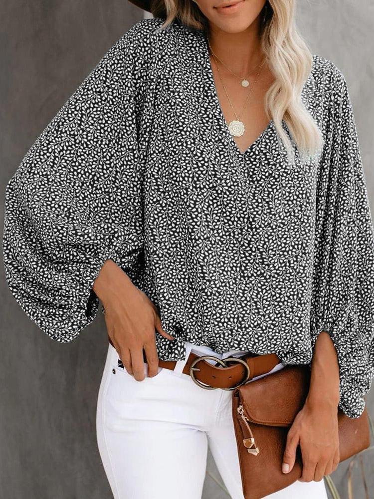 V-Neck Printed Lantern Sleeves Blouses - LuckyFash™