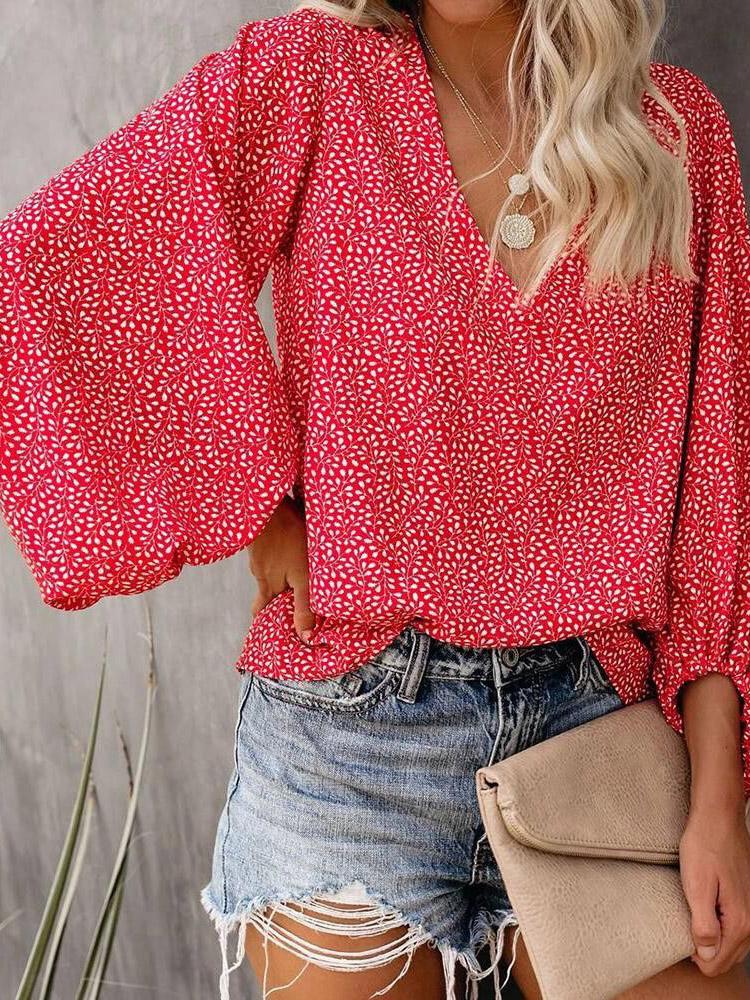 V-Neck Printed Lantern Sleeves Blouses - LuckyFash™