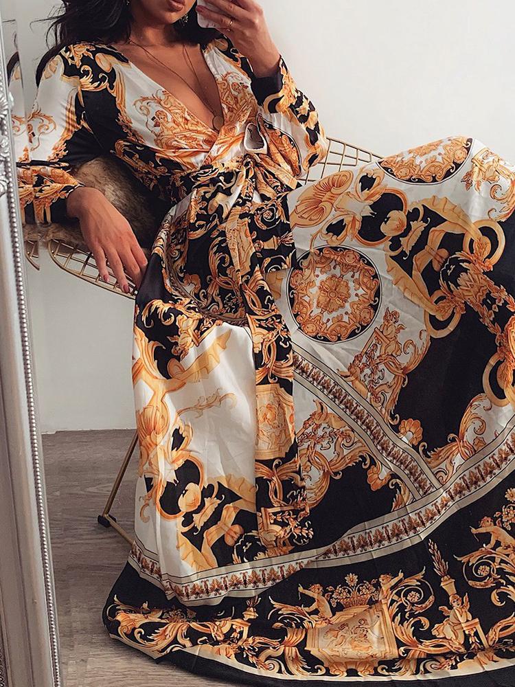V-neck Retro Long-sleeved Slit Long Dress - LuckyFash™
