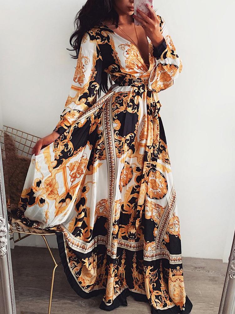 V-neck Retro Long-sleeved Slit Long Dress - LuckyFash™