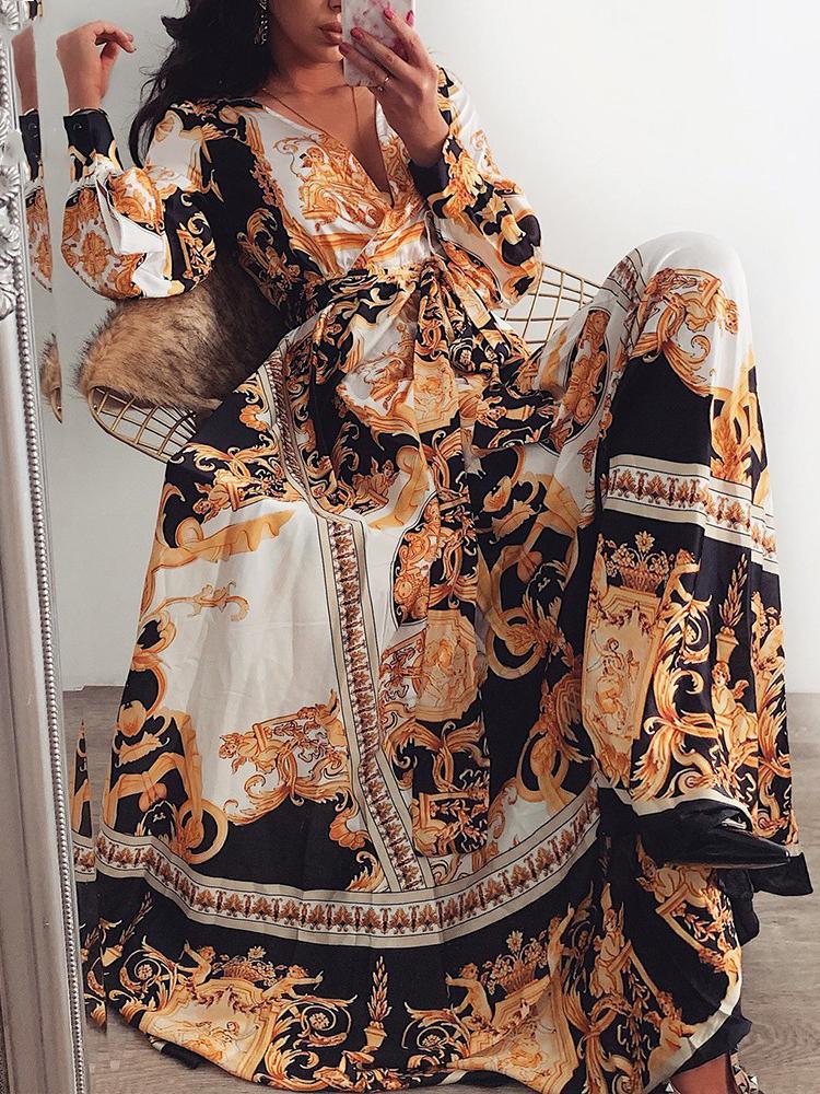 V-neck Retro Long-sleeved Slit Long Dress - LuckyFash™