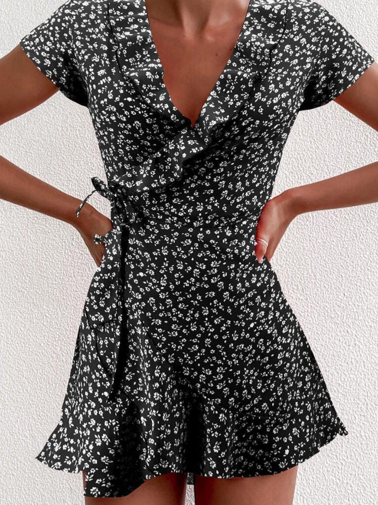 V-neck Ruffled Lace-up A-line Dress - LuckyFash™