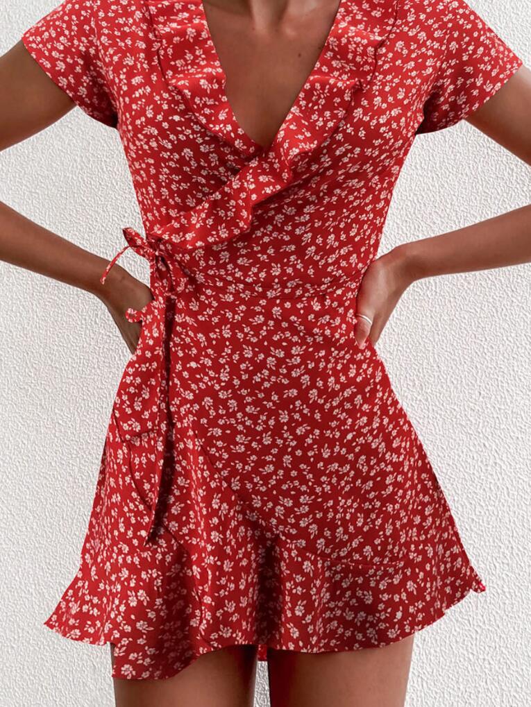 V-neck Ruffled Lace-up A-line Dress - LuckyFash™