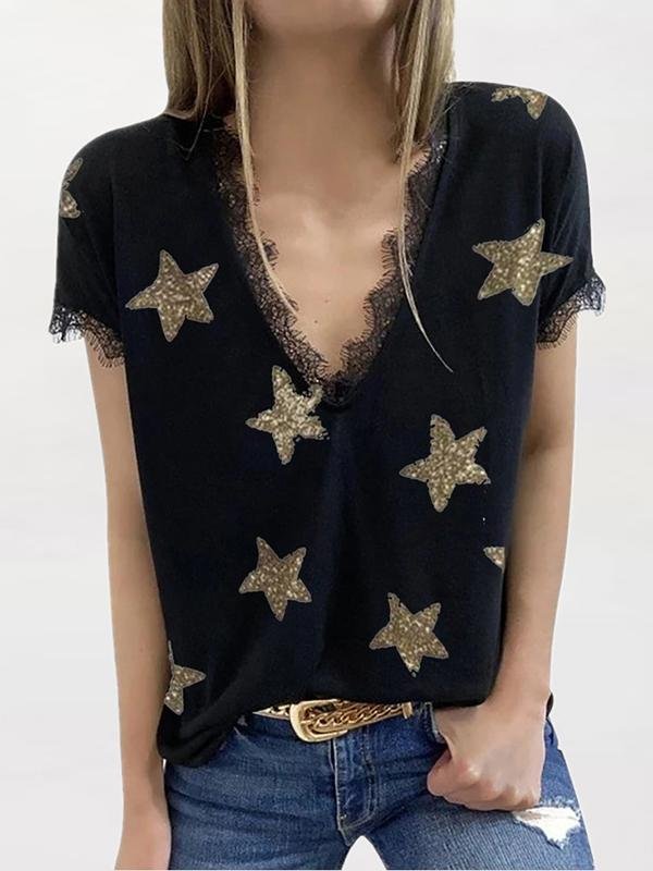 V-neck Short-sleeved Star Print Lace T-shirt - LuckyFash™
