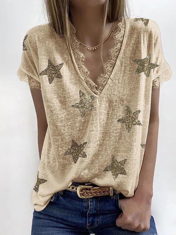 V-neck Short-sleeved Star Print Lace T-shirt - LuckyFash™