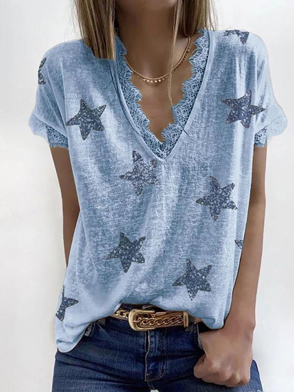 V-neck Short-sleeved Star Print Lace T-shirt - LuckyFash™