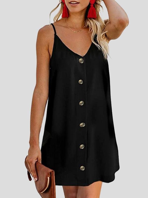 V-neck Single-breasted Sleeveless Suspender Dress - LuckyFash™