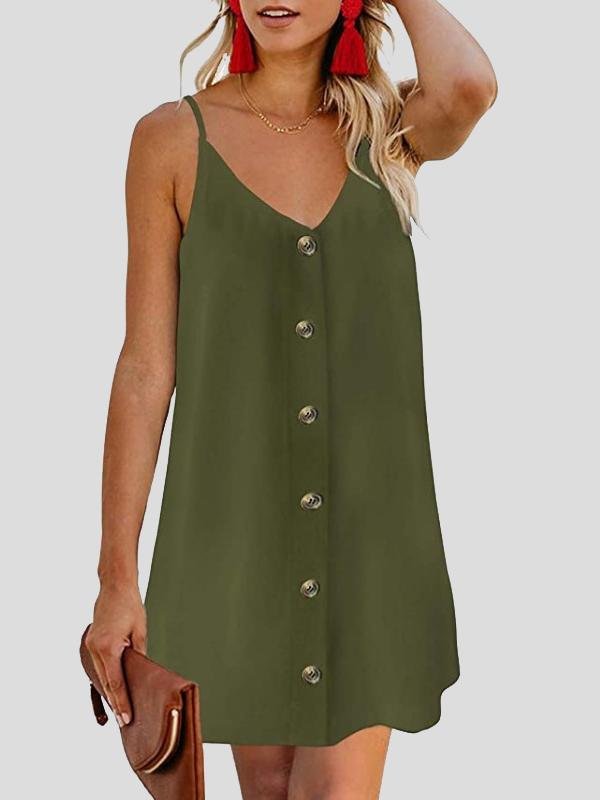 V-neck Single-breasted Sleeveless Suspender Dress - LuckyFash™