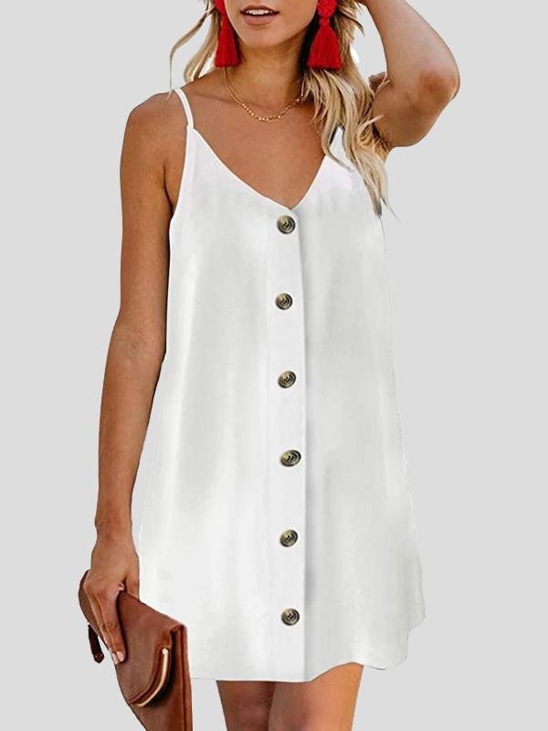 V-neck Single-breasted Sleeveless Suspender Dress - LuckyFash™