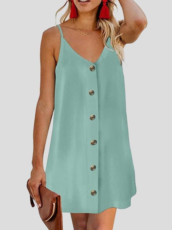 V-neck Single-breasted Sleeveless Suspender Dress - LuckyFash™