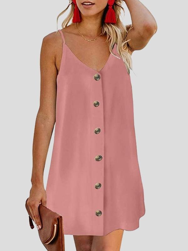 V-neck Single-breasted Sleeveless Suspender Dress - LuckyFash™