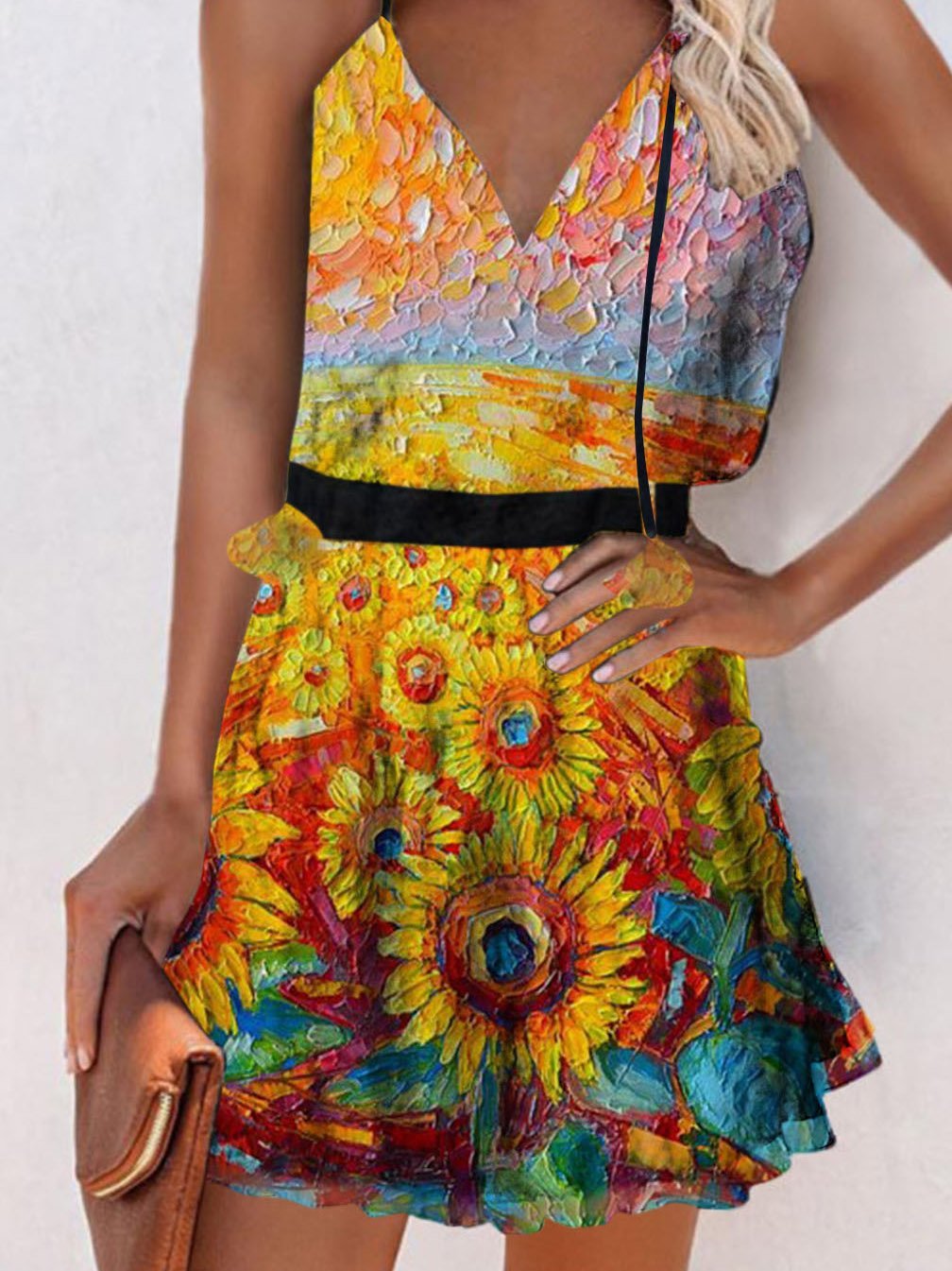 V-Neck Sleeveless Print Suspender Dress - LuckyFash™