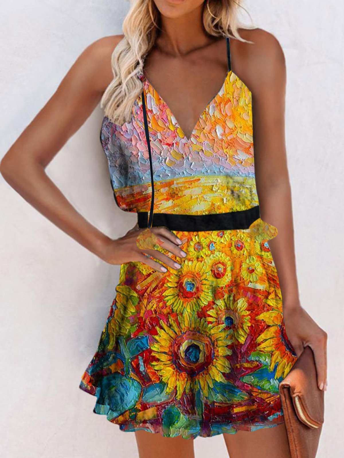 V-Neck Sleeveless Print Suspender Dress - LuckyFash™