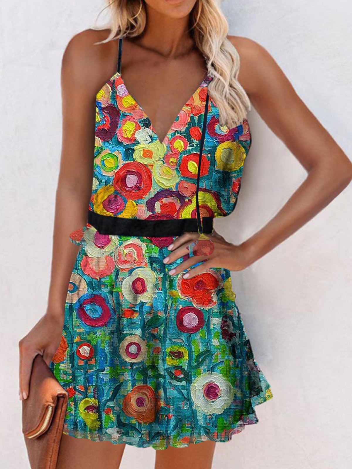 V-Neck Sleeveless Print Suspender Dress - LuckyFash™