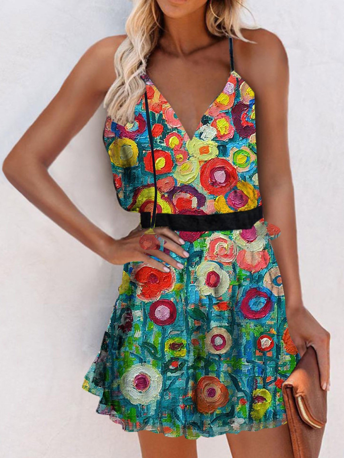 V-Neck Sleeveless Print Suspender Dress - LuckyFash™