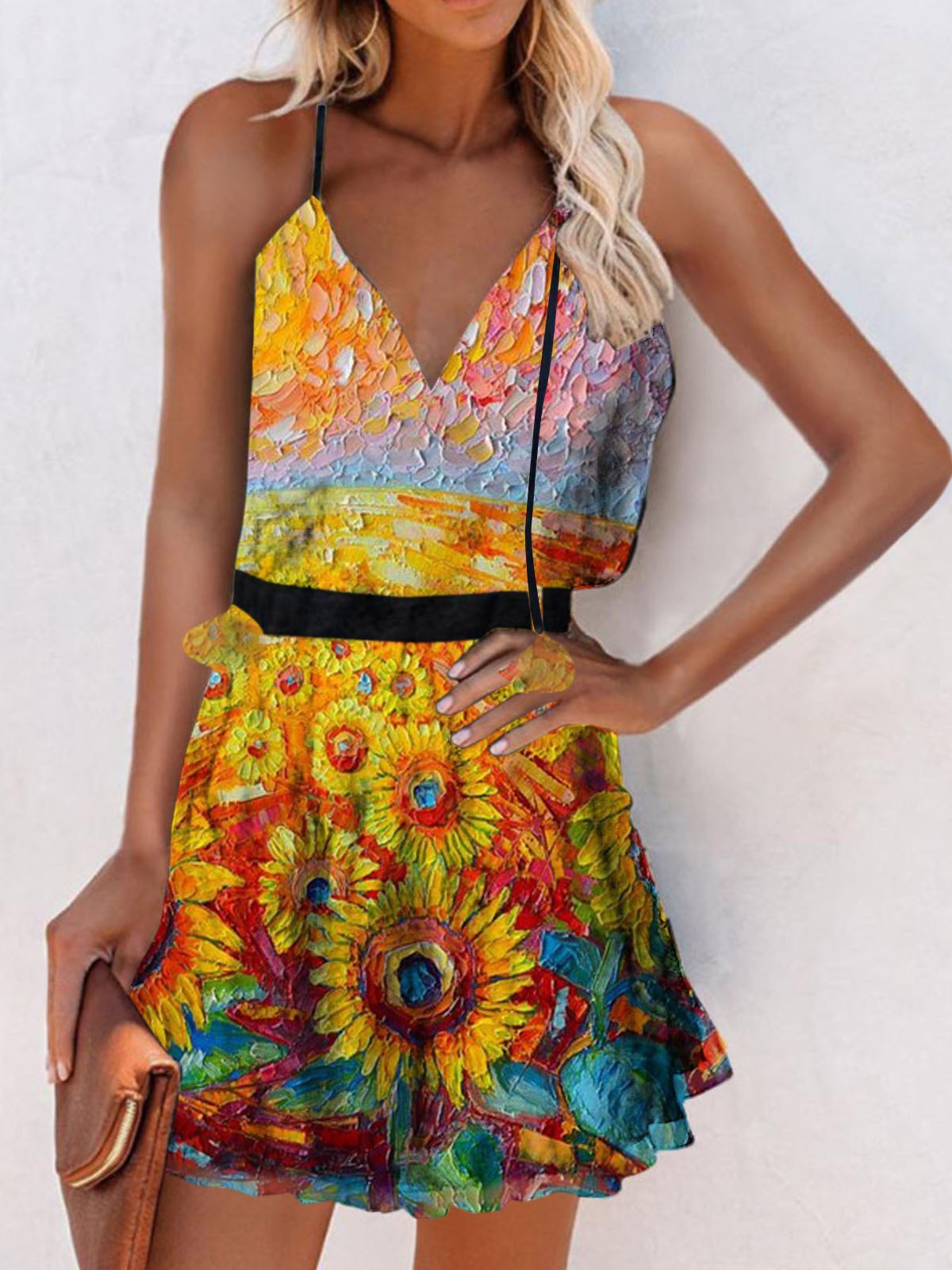 V-Neck Sleeveless Print Suspender Dress - LuckyFash™