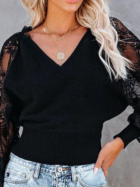 V-neck Stitching Lace Long-sleeved Top - LuckyFash™