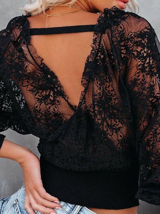 V-neck Stitching Lace Long-sleeved Top - LuckyFash™