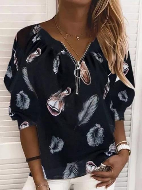 V-Neck Zipper Feather Print Long Sleeves Blouses - LuckyFash™