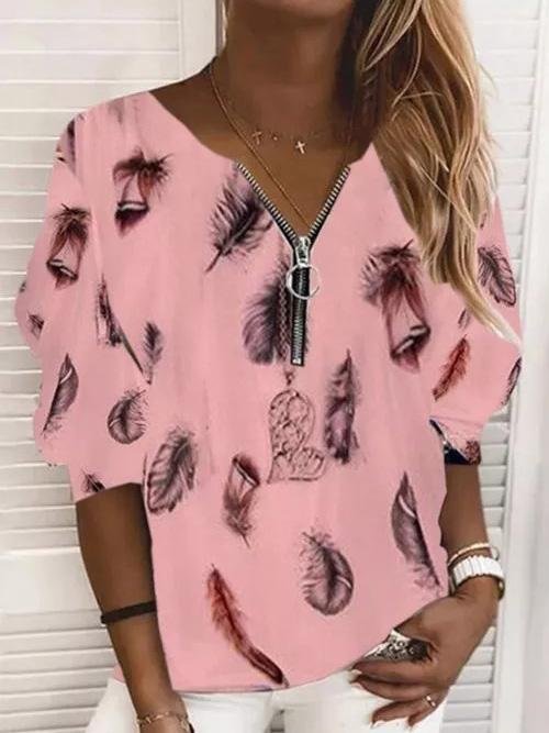 V-Neck Zipper Feather Print Long Sleeves Blouses - LuckyFash™