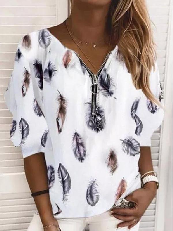 V-Neck Zipper Feather Print Long Sleeves Blouses - LuckyFash™