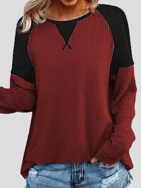 Waffle Stitching Round Neck Raglan Long Sleeve T-shirt - LuckyFash™