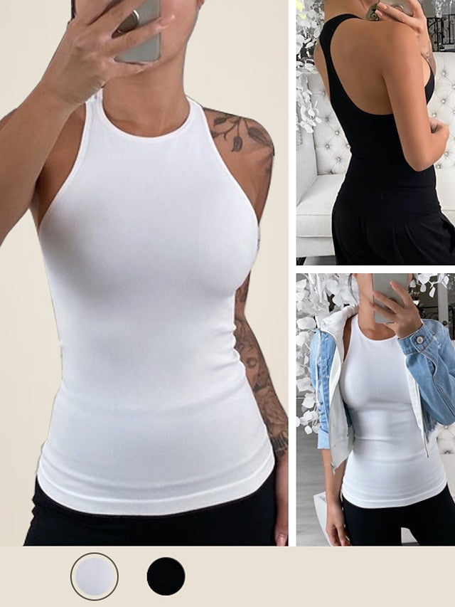 Tank Top Going Out Tops Concert Tops Black White Plain Sleeveless Daily Club Basic Sexy Round Neck Regular S for Women - LuckyFash™