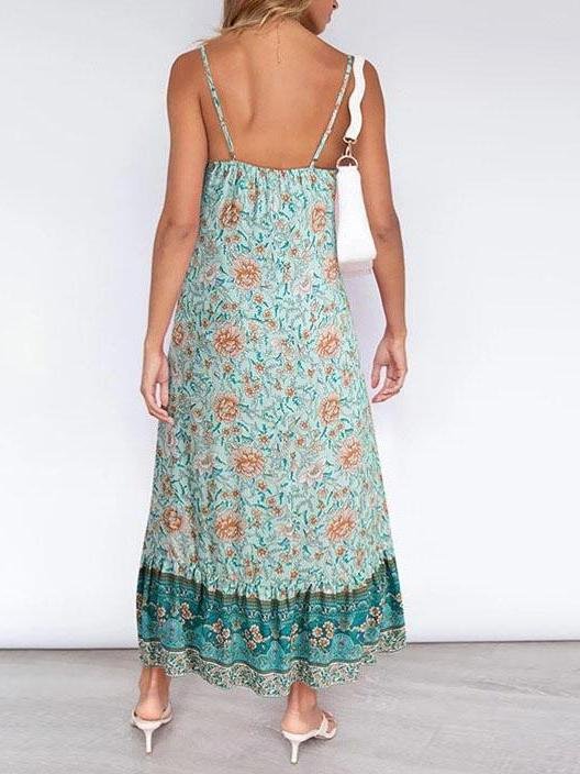 Women Casual Deep V Neck Sling Floral Print Dress - LuckyFash™