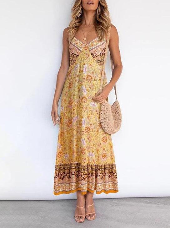 Women Casual Deep V Neck Sling Floral Print Dress - LuckyFash™