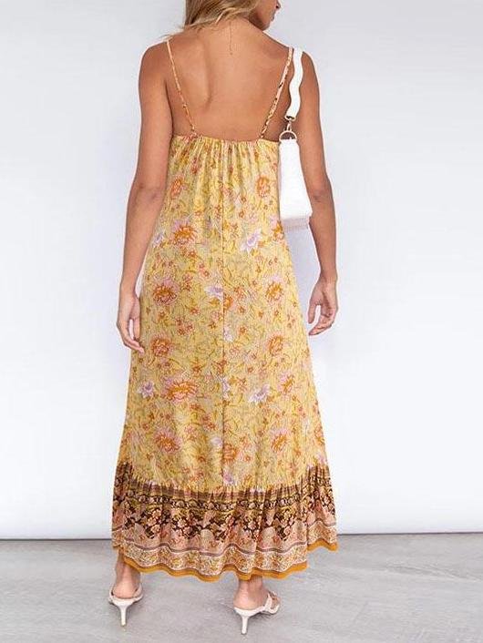 Women Casual Deep V Neck Sling Floral Print Dress - LuckyFash™