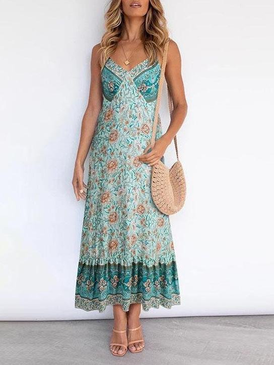 Women Casual Deep V Neck Sling Floral Print Dress - LuckyFash™