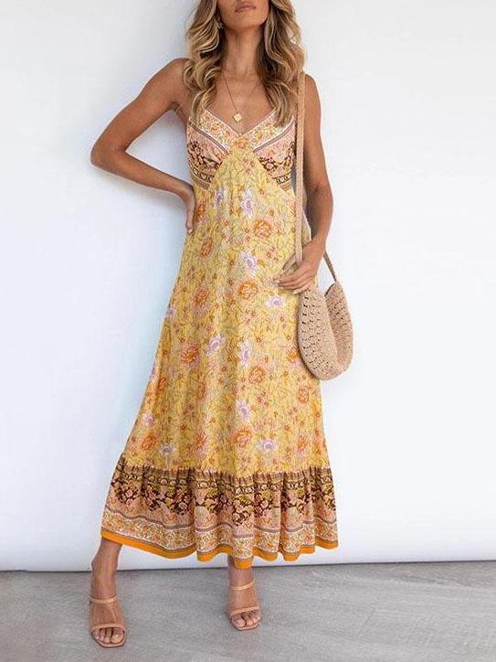 Women Casual Deep V Neck Sling Floral Print Dress - LuckyFash™
