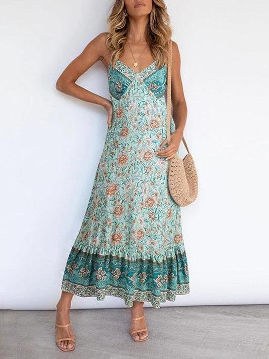 Women Casual Deep V Neck Sling Floral Print Dress - LuckyFash™
