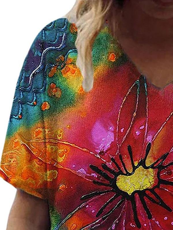 Women Flower Printed V Neck Short Sleeve T-shirts - LuckyFash™