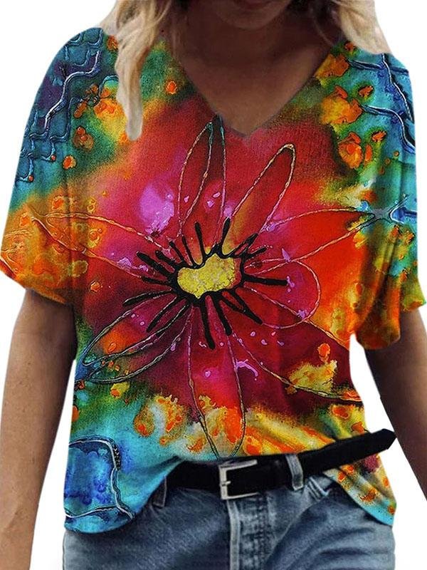 Women Flower Printed V Neck Short Sleeve T-shirts - LuckyFash™