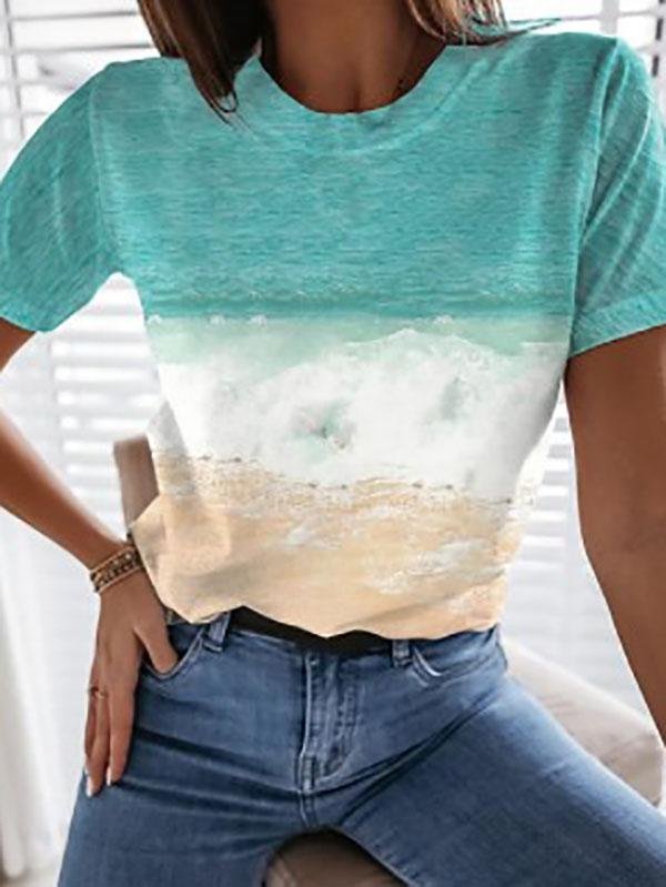 Women Scenery Printed Round Neck Short Sleeve T-shirts - LuckyFash™