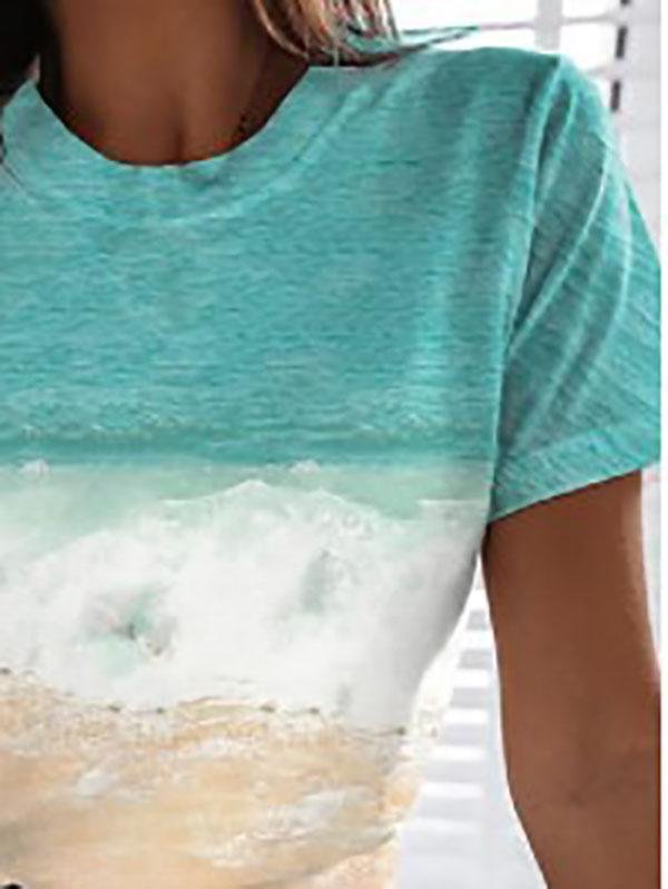 Women Scenery Printed Round Neck Short Sleeve T-shirts - LuckyFash™