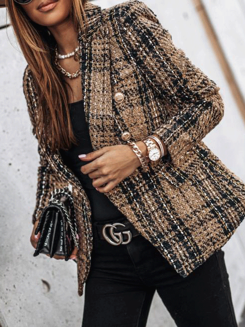Women's Blazers Plaid Double-Breasted Long Sleeve Blazer - LuckyFash™