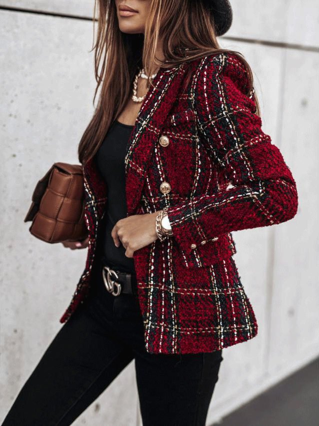 Women's Blazers Plaid Double-Breasted Long Sleeve Blazer - LuckyFash™