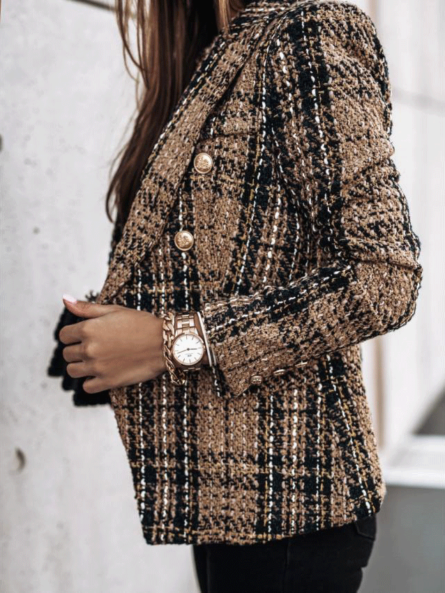 Women's Blazers Plaid Double-Breasted Long Sleeve Blazer - LuckyFash™